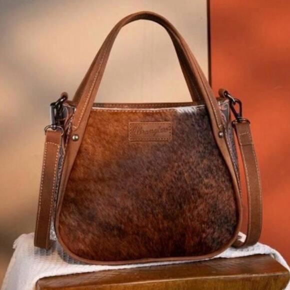 NWT Wrangler Genuine Hair-On Cowhide Tote Crossbody Bag - Brown - Picture 1 of 10